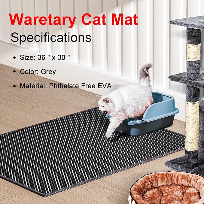 Waretary Cat Litter Mat, 36"x30", Waterproof, Scatter Control, Black | Double Layer, Urine-Proof, Non-Slip, Durable, Easy to Clean, Paw-Friendly, Safe & Odorless, Fits Large Litter Boxes