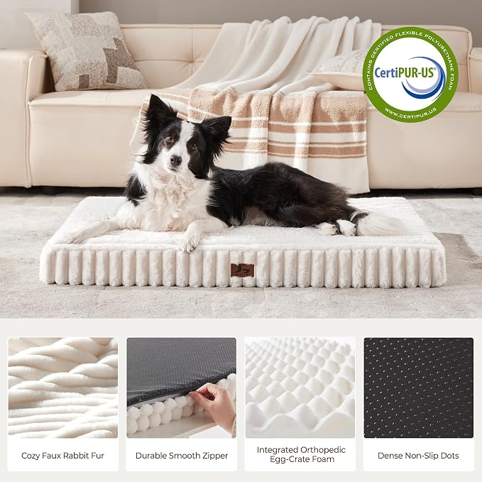 Dog Bed Extra Large Sized for Crate, Orthopedic Pet Pad for Dogs with Removable Washable Cover, Waterproof Dogs Beds Up to 70 lbs, Soft Plush Surface & Foam for Calming, 36x27x3 Inch, Cream