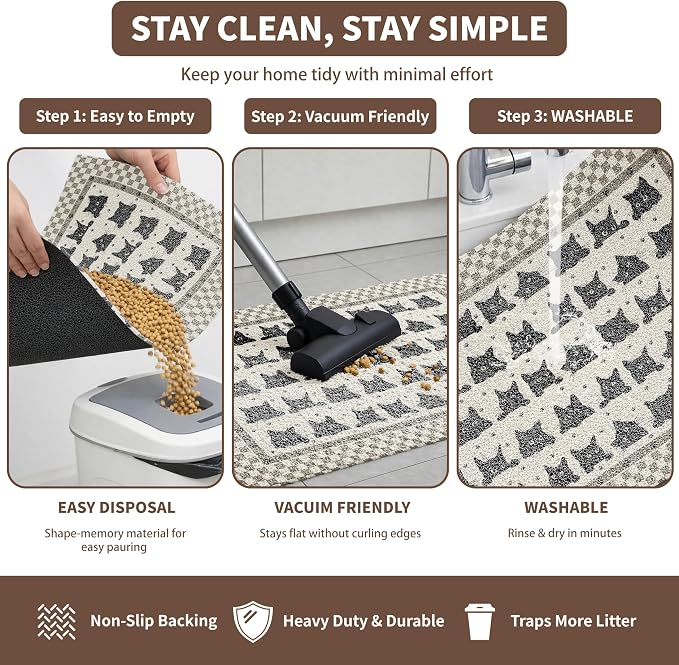 Cat Litter Mat 33" x 22" for Litter Box, Non-Slip Washable Floor Mat with Litter Trapping Design, Scatter Control for Cats and Kittens, Black Beige