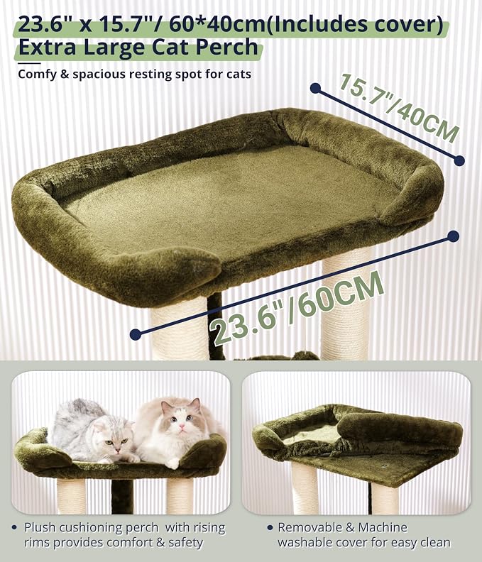 Happi N Pets 28" Cat Tree, Large Bed for Big Cats, Small Cat Tower with Soft Perch for Window Viewing, Stable Cat Tree Tower, Cat Scratching Post with Hammock, Removable Cover-Green