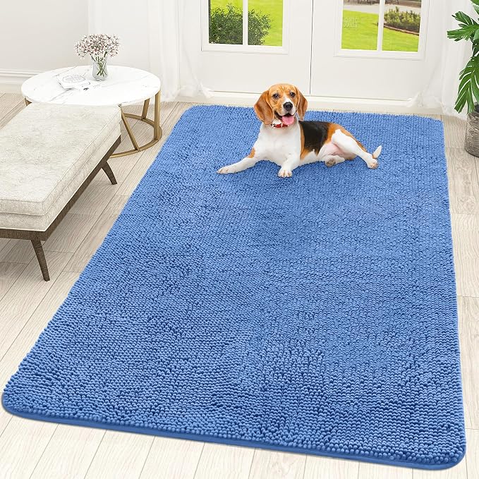 OLANLY Dog Door Mat for Muddy Paws 70x46, Super Absorbent Chenille Mud Mat | Cornflower Blue, Absorbs Moisture and Dirt, Non-Slip Machine Washable Doormat, Quick-Drying Indoor Entryway Carpet for Dogs