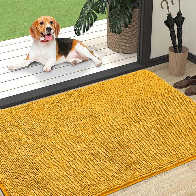 OLANLY Dog Door Mat for Muddy Paws 47x32, Super Absorbent Chenille Mud Mat | Golden Yellow, Absorbs Moisture and Dirt, Non-Slip Machine Washable Doormat, Quick-Dry Indoor Entryway Floor Carpet for Dogs