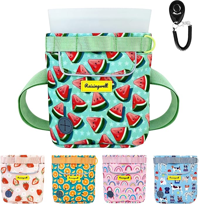 Raisingwell Dog Treat Pouch for Pet Walking and Training with Clicker 2 Cup Silicone Bag Small Fanny Pack Holder for Puppy Snack Dispenser Kit for Leash and Outdoor Use (Watermelon)