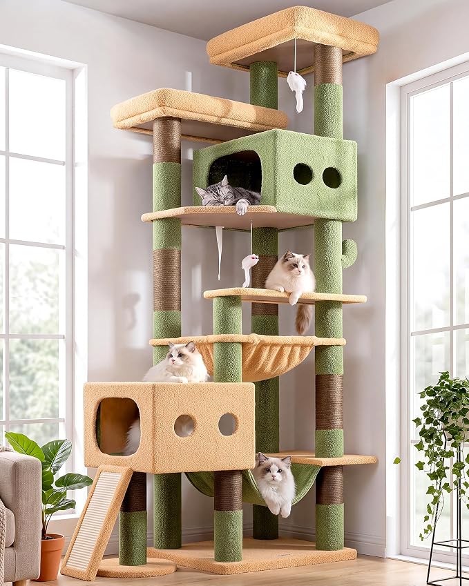 Globlazer 83inch Sturdy Cactus Multi-Level Tall Cat Tower, S83G, Green | Extra Large Heavy Duty Cat Tree for Indoor Large Adult Cats Kittens with 2 Cat Condo, 8 Scratching Post, 2 Hammock