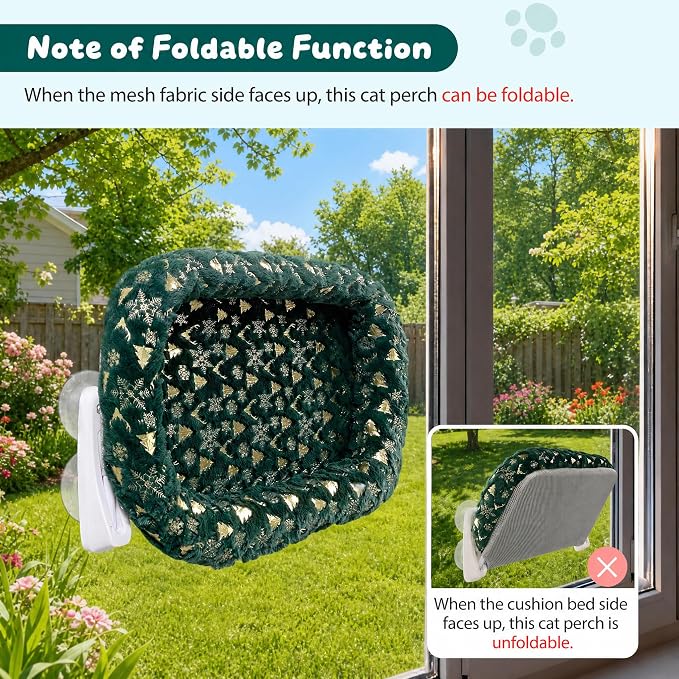 L&W BROS. 2-Pack Foldable Cat Window Perches with Christmas Cushion Bed Easy to Assemble Cats Hammock for Window, Warm Indoor Cat Beds for Large Cats, Edition(M Green)