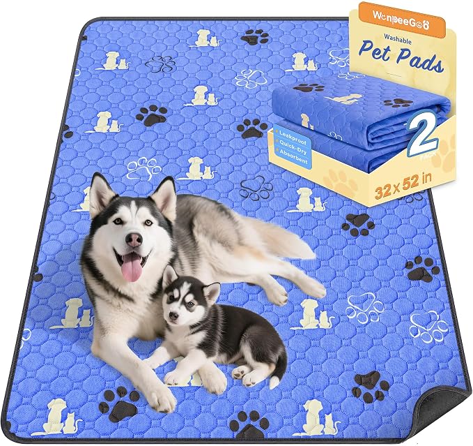 WanpeeGoo Washable Pee Pads for Dogs, Waterproof, 32 x 52 in, 2 Pack, Blue | Super Absorbent, Waterproof and Non-Slip; Washable, Reusable Dog Pads for Crates, Playpens, Floors, Furniture and Travel
