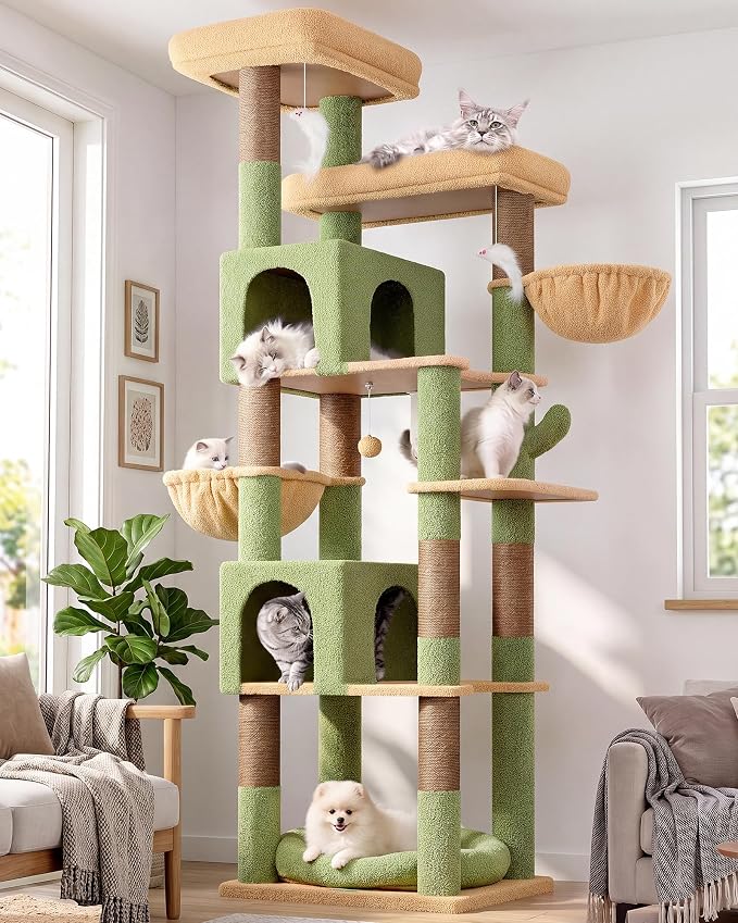 Globlazer Sturdy Extra Large Cactus Cat Tower for Indoor Cats, S81C, Green | 81 inch Heavy Duty Cat Tree for Indoor Large Adult with 8 Scratching Post, 2 Cat Condos, 2 Platform