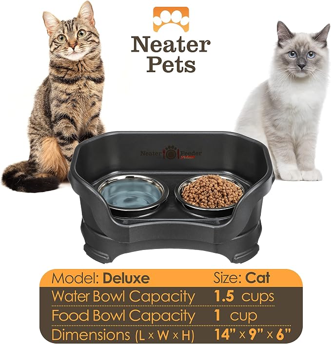 Neater Pet Brands Neater Feeder Deluxe Mess Proof Cat Bowls Elevated, Made in USA, No Spill Raised Bowls for Indoor Cats, Stainless Steel Food and Water Bowl Set, Pet Dish Feeding Station, Black