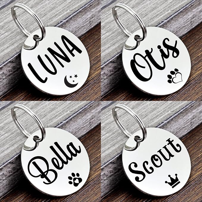 Ultra Joys Personalized Dog Tags for Pets - Durable Stainless Steel Customizable Dog Cat ID Tags - Dog Tags for Safety Optional Engraved on Both Sides -Round Shape Dog Tag Small Size, Silver