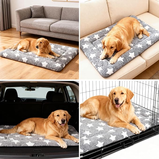 Dog Bed Mat, Reversible Crate Pad & Durable Dog Bed - Machine Washable Kennel Mat with Ultra Soft for Large Dogs (Cool/Warm), 35" x 23", Grey&Star