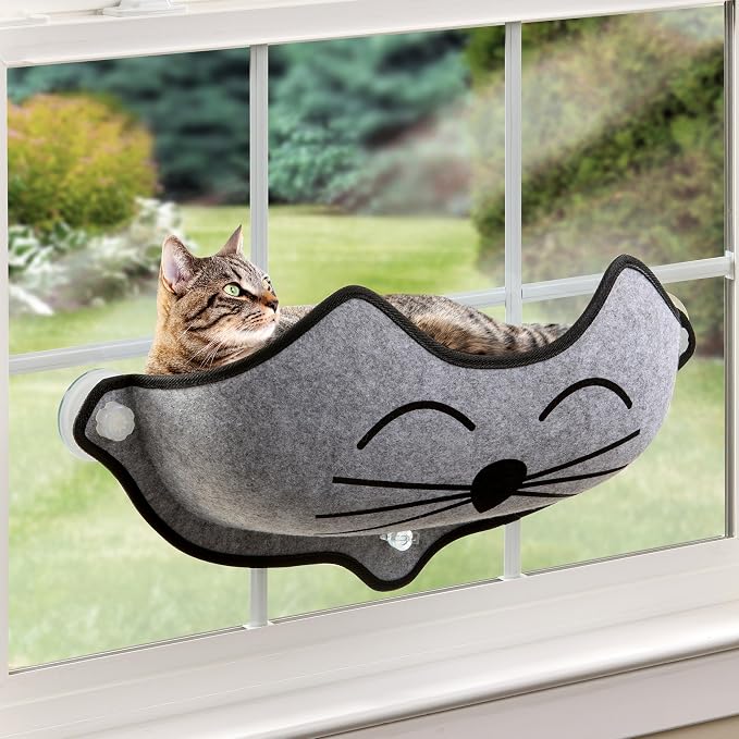 K&H Cat Window Perch Bed, EZ Mount Kitty Face, 27x11x6in, Gray | Sturdy Cat Window Hammock with Strong Suction Cups, Washable Sleeping Pad, Fits 30in W X 15in H Glass Spaces