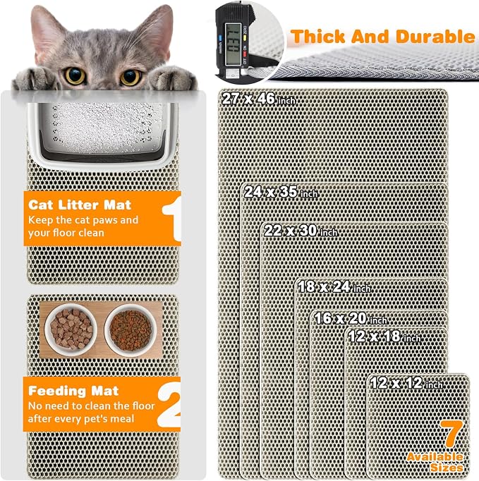 Cat Litter Mat 22"x30",Double Layer EVA litterbox Mat, Khaki | Waterproof honeycomb large grid, urine-proof and odor-free. Traps litter, easy cleanup,Washable, non-slip backing