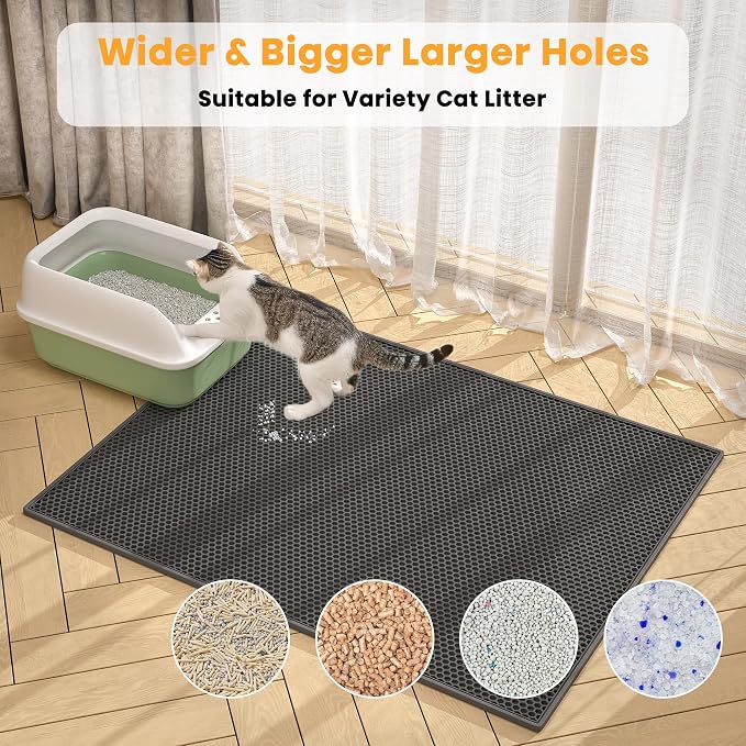 Pieviev Double Layer Cat Litter Mat Traps Scattered Litter 30''x24'' 2 Pack | Waterproof Urine Resistant Layer Litter Box Mat, Easy Collection, Soft on Kitty Paws, Black Color for Indoor Cats