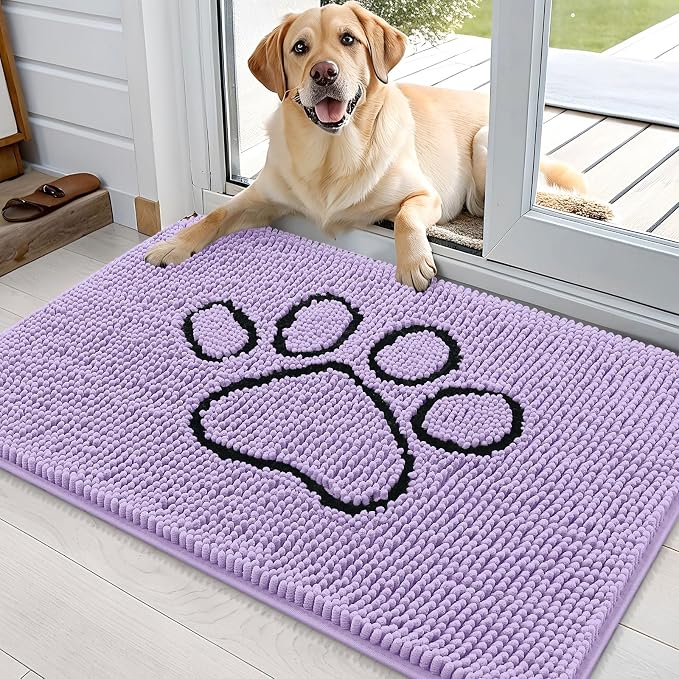 OLANLY Dog Door Mat for Muddy Paws 36x24, Paw Print Design Chenille Mud Mat | Lavender, Absorbent, Traps Moisture and Dirt, Non-Slip Washable Doormat, Quick-Drying Indoor Entryway Floor Carpet for Dogs