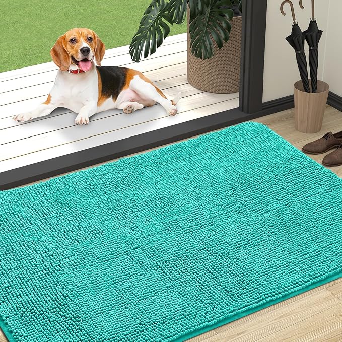 OLANLY Dog Door Mat for Muddy Paws 47x32, Super Absorbent Chenille Mud Mat | Teal, Absorbs Moisture and Dirt, Non-Slip Machine Washable Doormat, Quick-Drying Indoor Entryway Floor Carpet for Dogs