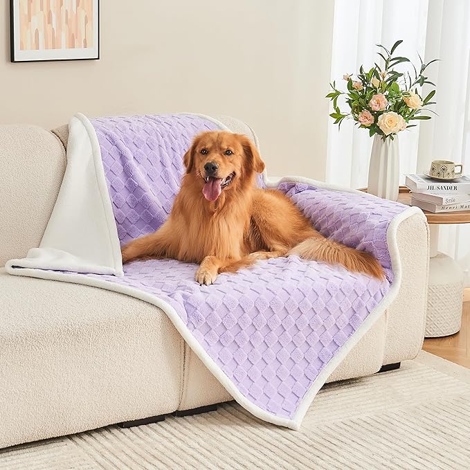 Checkered Waterproof Blanket for Bed Couch Sofa Car, Fluffy Soft Dog Blanket with 3D Jacquard Grid Pattern, Reversible Leakproof Pet Blankets for Dogs Cats Puppies, Lilac, 60"x80"