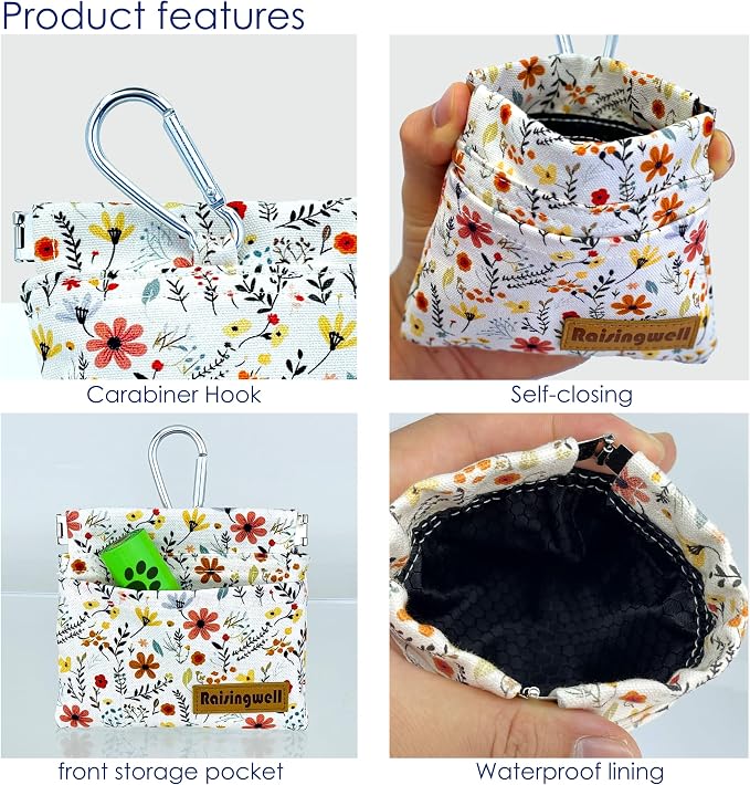 Raisingwell Dog Treat Pouch, Small Cotton Pocket Sized Training Holder, Hand Free Walking Funny Bag with Carabiner, Self-Closing Pet Feed Snack Reward, Behavior Aids for Puppy Travel or Outdoor Use