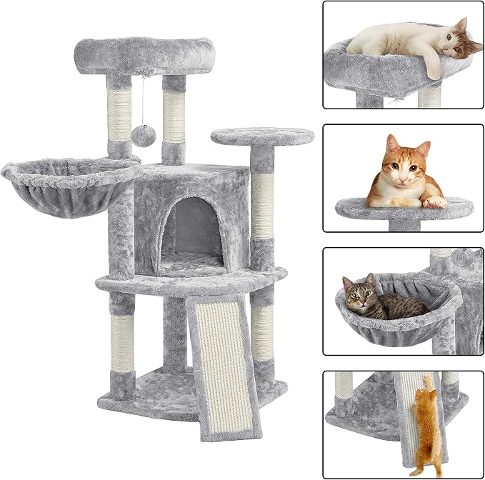 Topeakmart 42in Cat Tree Tower for Indoor Cats, Cat Condo with Perch & Hammock, Activity Center, Multi-Level Cat Furniture with Scratching Posts, Cat House, Light Gray
