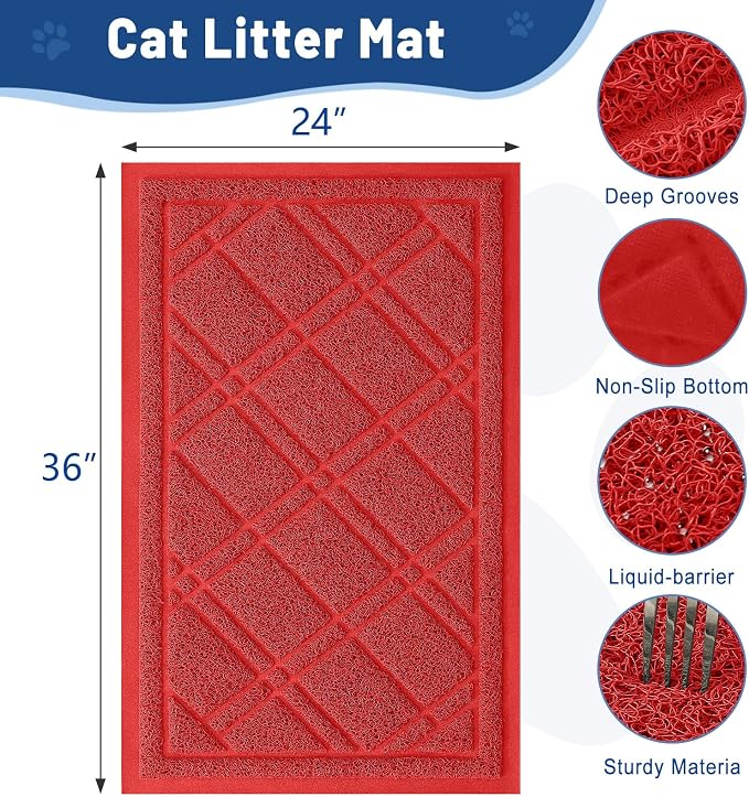 Smiry Cat Litter Box Mat 36x24, Non-Slip Water Resistant Litter Trapping Mat, Easy Clean Less Waste and Urine-Locking Cat Carpet for Indoor, Red