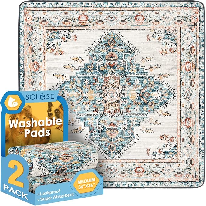 SCLOSE Washable Pee Pad for Dogs 2 Pack, 36" x 36" Reusable Puppy Pads Waterproof Dog Rugs, Super Absorbent, Leakproof, Dog Crate Pad, Playpen Mat, Whelping Pads, Blue Medallion