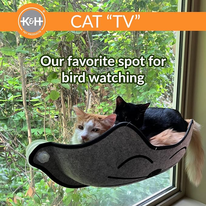K&H Cat Window Perch Bed, EZ Mount Kitty Face, 27x11x6in, Gray | Sturdy Cat Window Hammock with Strong Suction Cups, Washable Sleeping Pad, Fits 30in W X 15in H Glass Spaces