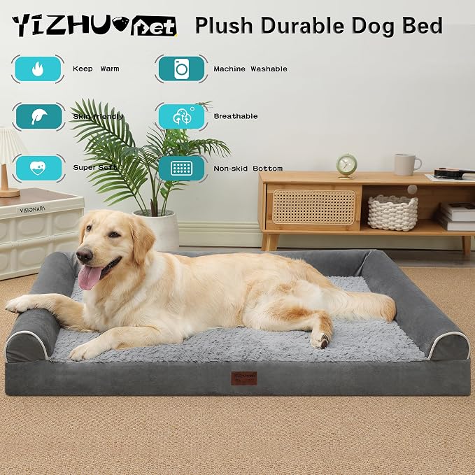 Orthopedic Plush U Shape Dog Bed,Large XL Sized Dog 42''X30''x7.5'' Soft Waterproof Egg Foam Pet Crate Beds Mat or Kennel Pads with Removable Washable Cover,Non-Slip Bottom,Grey
