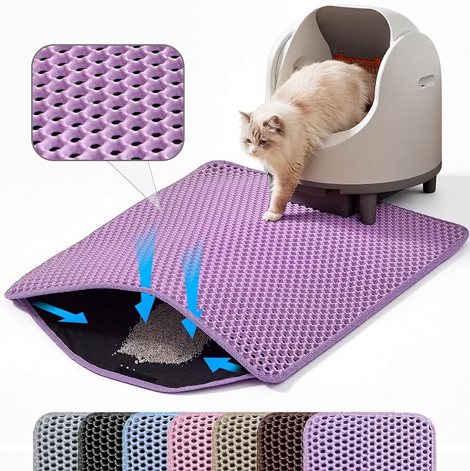 Small Cat Litter Mat, Double Layer Honeycomb Litter Box Mat | 20x14”, Reduces Litter Tracking, Waterproof, Non-Slip, Soft on Paws, Scratch Resistant, Easy to Clean, Purple