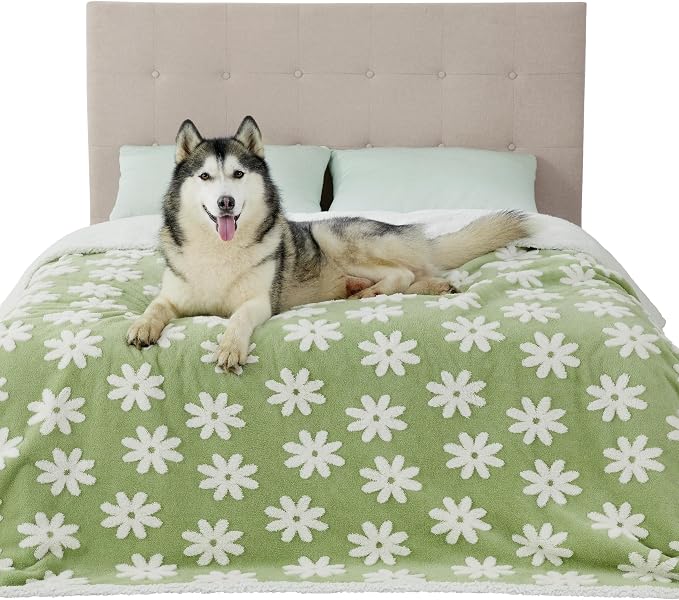 LE SURE Waterproof Dog Blanket for Large Dogs - Washable Double Sided Dog Blankets with Warm Jacquard Shag and Soft Sherpa Fleece, Pet Cat Blanket for King Bed Protection, 3D Textured Flower, Green
