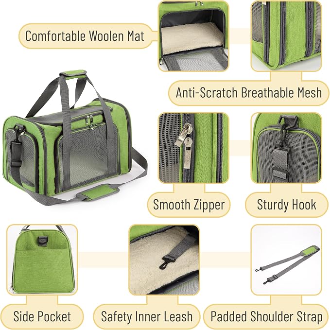 Mr. Pen- Pet Carrier, 17.5" x 11.2" x 11.5", Medium Size, Green | Portable Travel Carrier for Small Pets, Cats & Small Dogs, Breathable Mesh, Safety Inner Leash