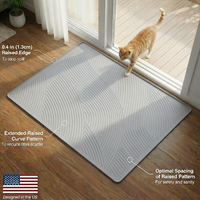 Cat Litter Box Mat - XL Extra Large Size 40 x 30 in, Water Proof, Kitty Litter Trapping Mat, Easy to Clean, Scatter Control, Odorless, Pet Supplies for Indoor Cats, Light Gray