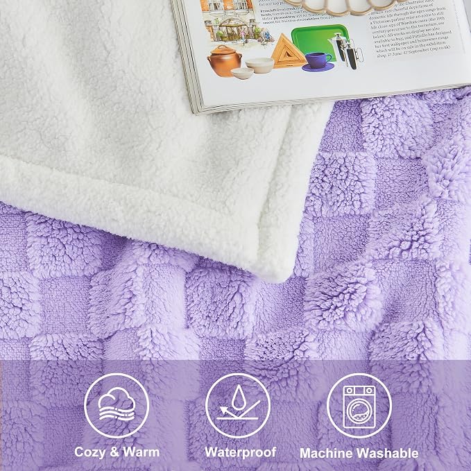 Checkered Waterproof Blanket for Bed Couch Sofa Car, Fluffy Soft Dog Blanket with 3D Jacquard Grid Pattern, Reversible Leakproof Pet Blankets for Dogs Cats Puppies, Lilac, 50"x60"