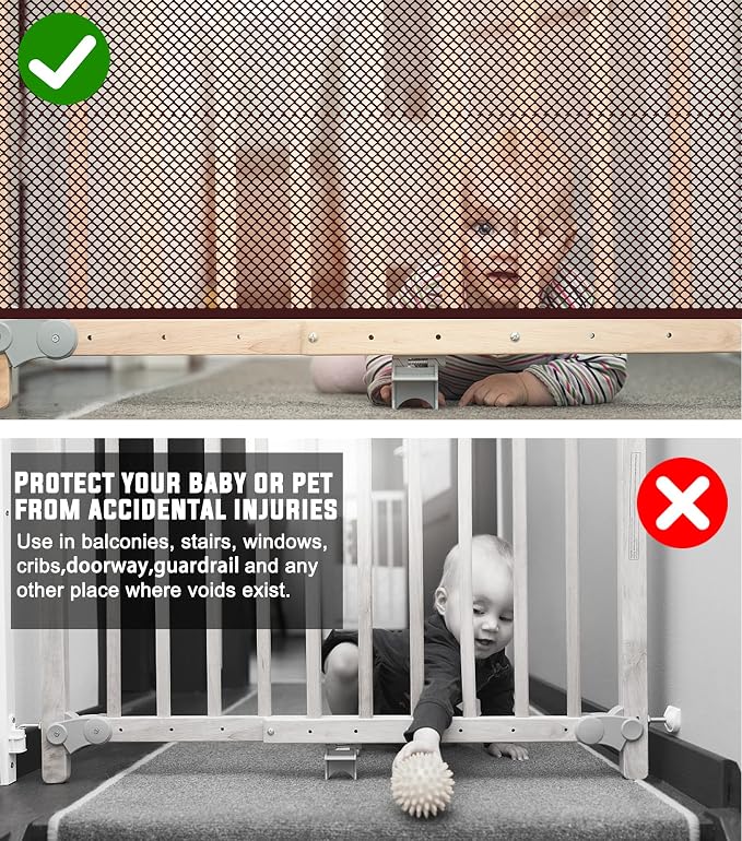 Baby Gate for Stairs, Banister Guard for Kids, Pets, Toys, 10ft L x 2.6 ft H, Mesh Netting Safety Net for Balcony Rail Stair, Stairway Net Baby Safety Products for Indoor & Outdoor (Brown)