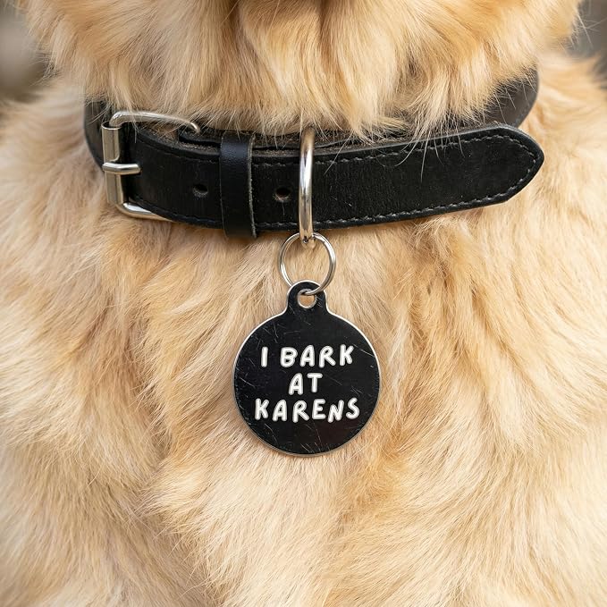 Bad Tags Personalized Dog and Cat ID Tags in 25+ Designs and 2 Sizes - 5 Lines of Custom Engraved Text - Funny Cute Personalized Pet Tags (I Bark At Karens, Small (1 inch))