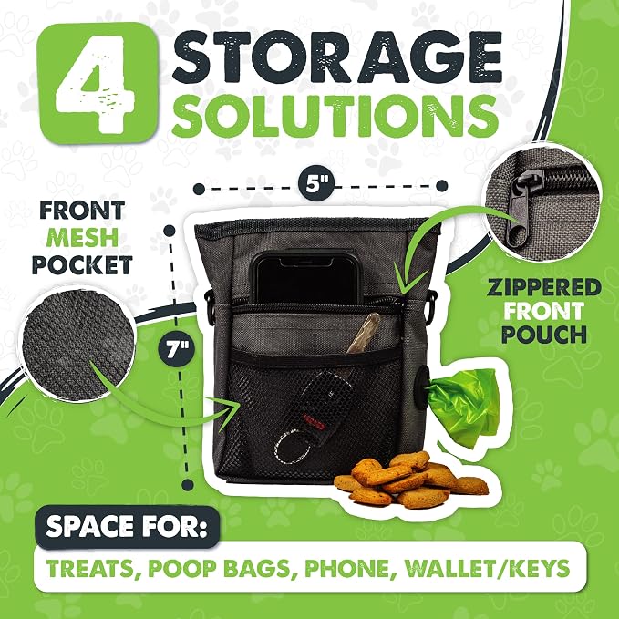 Mighty Paw Dog Treat Pouch, Magnetic No-Spill Clasp, Training Bag | Hands-Free, Belt Sling, Crossbody, Adjustable 30-52in Strap, 4 Compartments, 2 Cups Capacity, Poop Holder