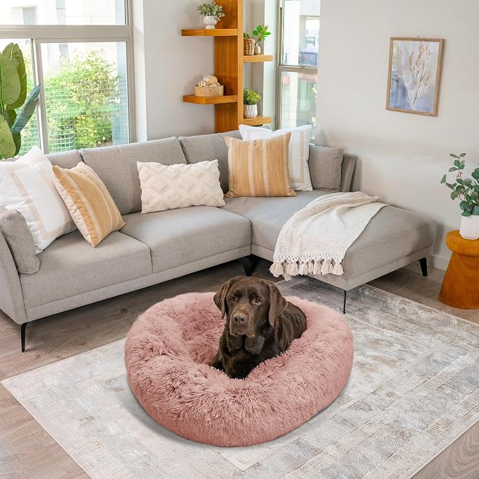 Best Friends by Sheri The Original Calming Donut Dog Bed for Large Dogs up to 100 lbs, Shag Faux Fur, Dusty Rose, 36" x 36"