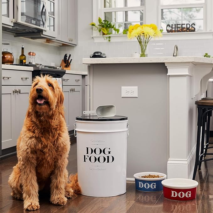 Harry Barker Bon Chien Dog Food Storage Canister – Small 3.5 gallons, Airtight Stainless Steel Pet Food Container, Stylish Kitchen Counter Dog Kibble Storage with Easy-Open Lid - White