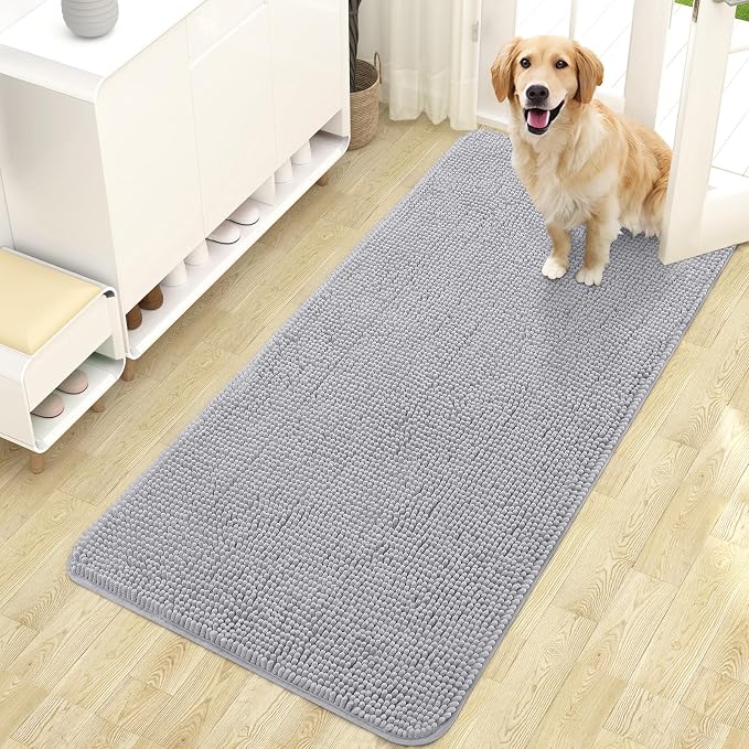 OLANLY Dog Door Mat for Muddy Paws 47x24, Super Absorbent Chenille Mud Mat | Light Grey, Absorbs Moisture and Dirt, Non-Slip Machine Washable Doormat, Quick-Drying Indoor Entryway Floor Carpet for Dogs