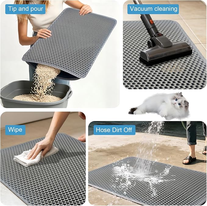 Honeycomb Cat Litter Mat, Double Layer, 23.4"x14.7", Gray | Durable Cat litter box mat, ultra-soft BPA-free non-toxic EVA, non-slip urine-proof base, easy-clean, washable, traps litter