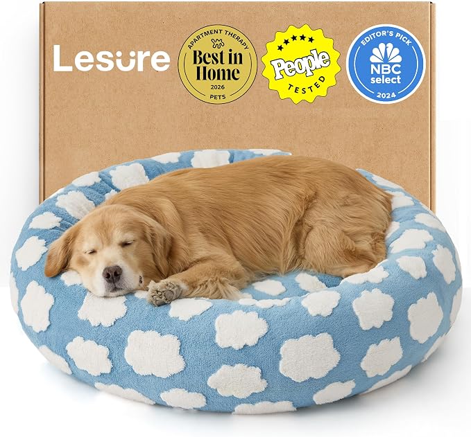 LE SURE Shown on TV Donut Dog Beds Extra Large Sized Dog - Round Pet Beds for Calming Puppy with Washable Cover, Orthopedic Modern Beds with Jacquard Shaggy Plush & Anti Slip Bottom, 42 Inch，Blue