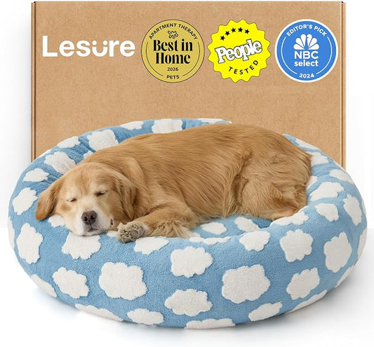 LE SURE Shown on TV Donut Dog Beds Extra Large Sized Dog - Round Pet Beds for Calming Puppy with Washable Cover, Orthopedic Modern Beds with Jacquard Shaggy Plush & Anti Slip Bottom, 42 Inch，Blue