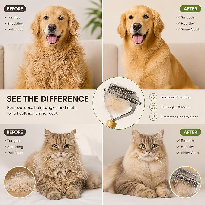 Cat Undercoat Rake and Dematting Comb, 4-in-1 Bamboo Grooming Kit for Long Haired Indoor Cats, Detangling Deshedding Brush for Matted Fur, Shedding Tool for Dogs