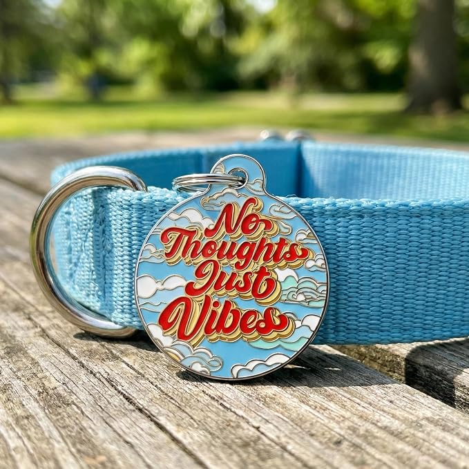 Bad Tags Personalized Dog and Cat ID Tags in 25+ Designs and 2 Sizes - 5 Lines of Custom Engraved Text - Funny Cute Personalized Pet Tags (No Thoughts Just Vibes, Small (1 inch))
