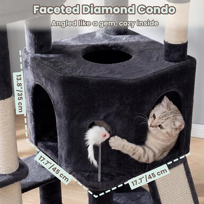 Cat Tree, Heavy Duty Cat Tower with Dual Platforms VCT002G | Oversized Diamond Condo for Large Cats, Sturdy Cat Furniture with Cozy Basket, Sisal Scratching Board & Posts, Smoky Gray