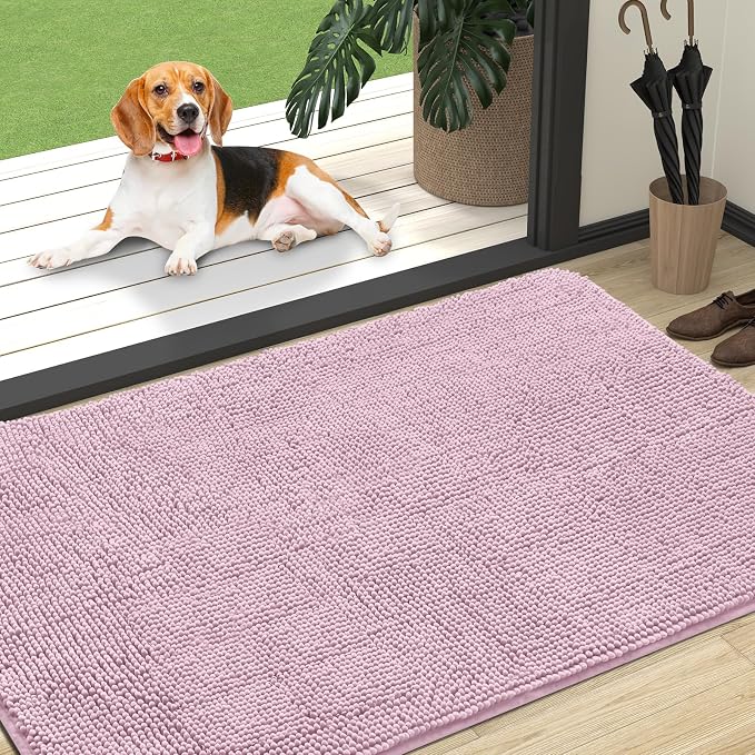 OLANLY Dog Door Mat for Muddy Paws 47x32, Super Absorbent Chenille Mud Mat | Dusty Rose, Absorbs Moisture and Dirt, Non-Slip Machine Washable Doormat, Quick-Drying Indoor Entryway Floor Carpet for Dogs