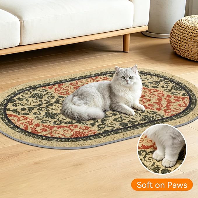 Cat Litter Mat,40"x30" High Density PVC Litter Trapping Mat, Non-Slip, Waterproof & Urine-Proof Litters Catcher Mats, Keep Floor Clean, Soft on Kitten Paws, Cat Essentials Brown-Green