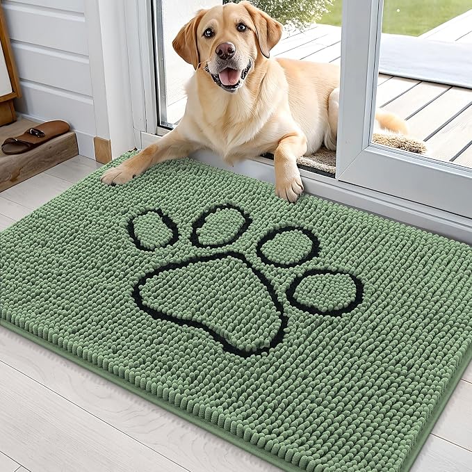 OLANLY Dog Door Mat for Muddy Paws 36x24, Paw Print Design Chenille Mud Mat | Olive Green, Absorbent, Traps Moisture and Dirt, Non-Slip Washable Doormat, Quick-Dry Indoor Entryway Floor Carpet for Dogs