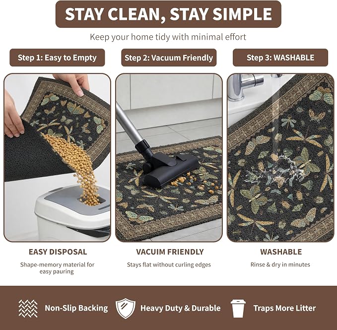 Cat Litter Mat 24"x15" for Litter Box, Non-Slip Washable Floor Mat with Litter Trapping Design, Scatter Control for Cats and Kittens, Black