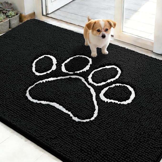 OLANLY Dog Door Mat for Muddy Paws 48x30, Paw Print Design Chenille Mud Mat | Black, Absorbent, Traps Moisture and Dirt, Non-Slip Washable Doormat, Quick-Drying Indoor Entryway Floor Carpet for Dogs