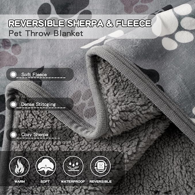 Waterproof Dog Blankets Pet Blanket 60"x80", Soft Fluffy Sofa Car Bed Protector, Reversible Sherpa Fleece Dog Blanket for Large Dogs(Dark Grey-Paws)