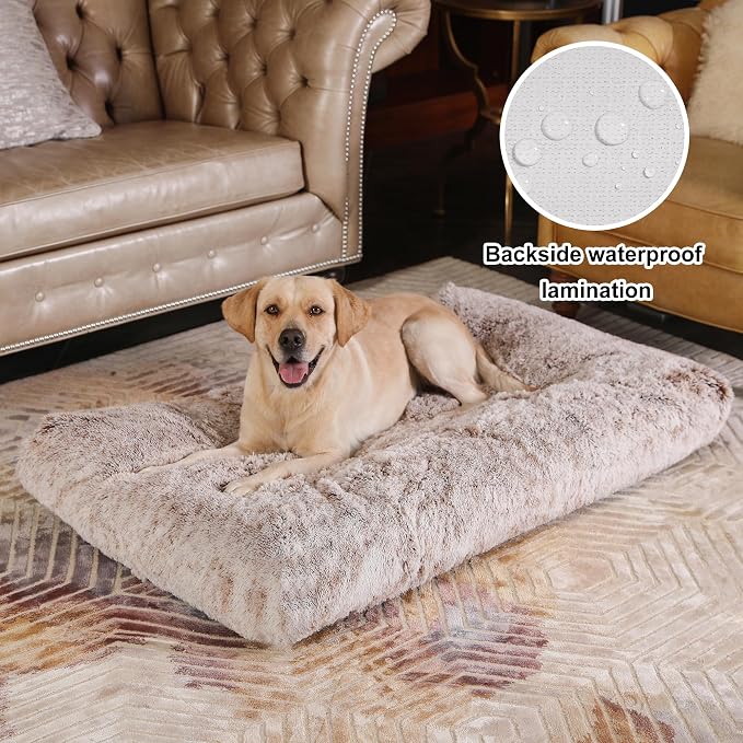 Bedfolks Extra Large Waterproof Plush Dog Crate Bed with Removable Washable Cover,Faux Fur Kennel Bed 41"x27",Brown